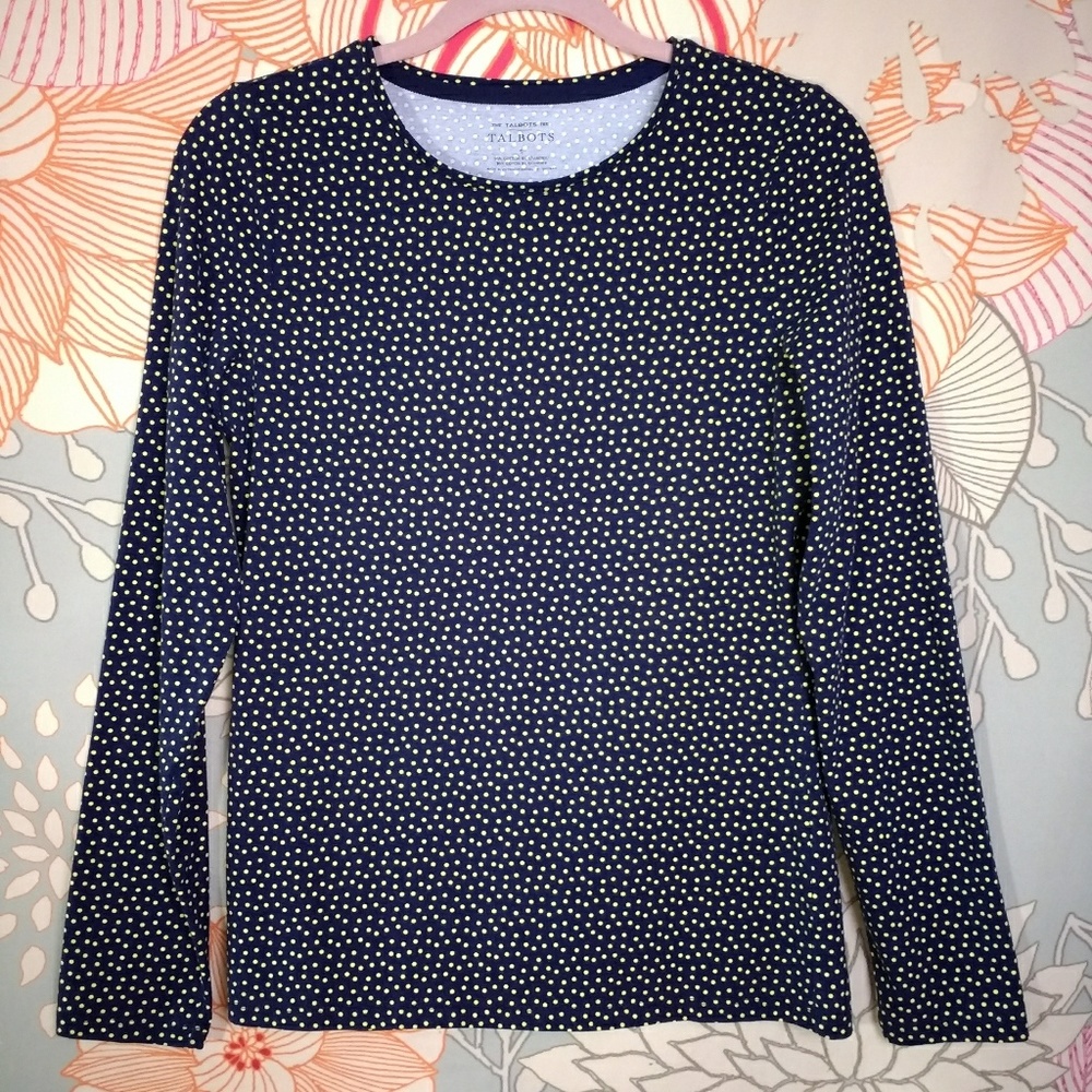 Talbots Navy and Yellow Polka Dot Top Small